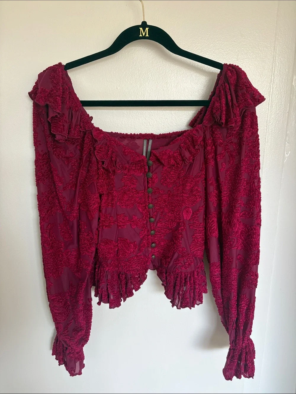 Anthropologie Textured Ruffled Button-Front Blouse in Berry